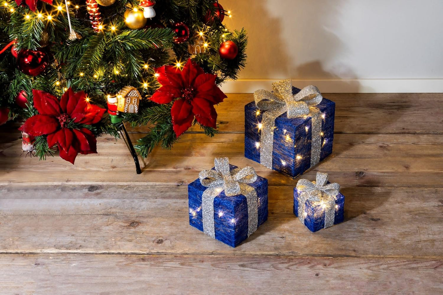 3er-Set LED-Weihnachts-Deko-Boxen mit Timer, Blau-Silber