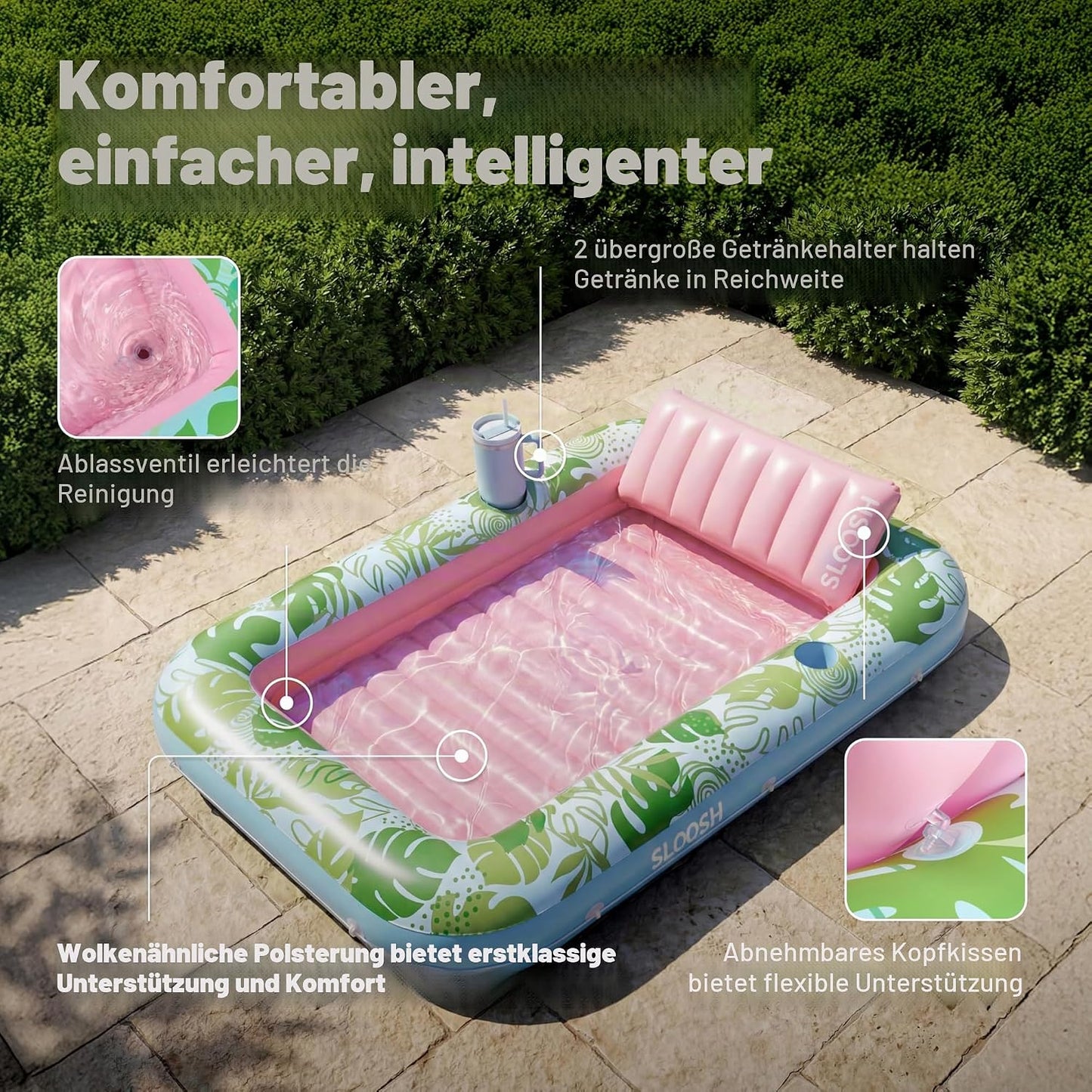 Aufblasbarer 4-in-1 Sonnenliegepool mit Kissen und Getränkehalter, Cyan Rosa XL