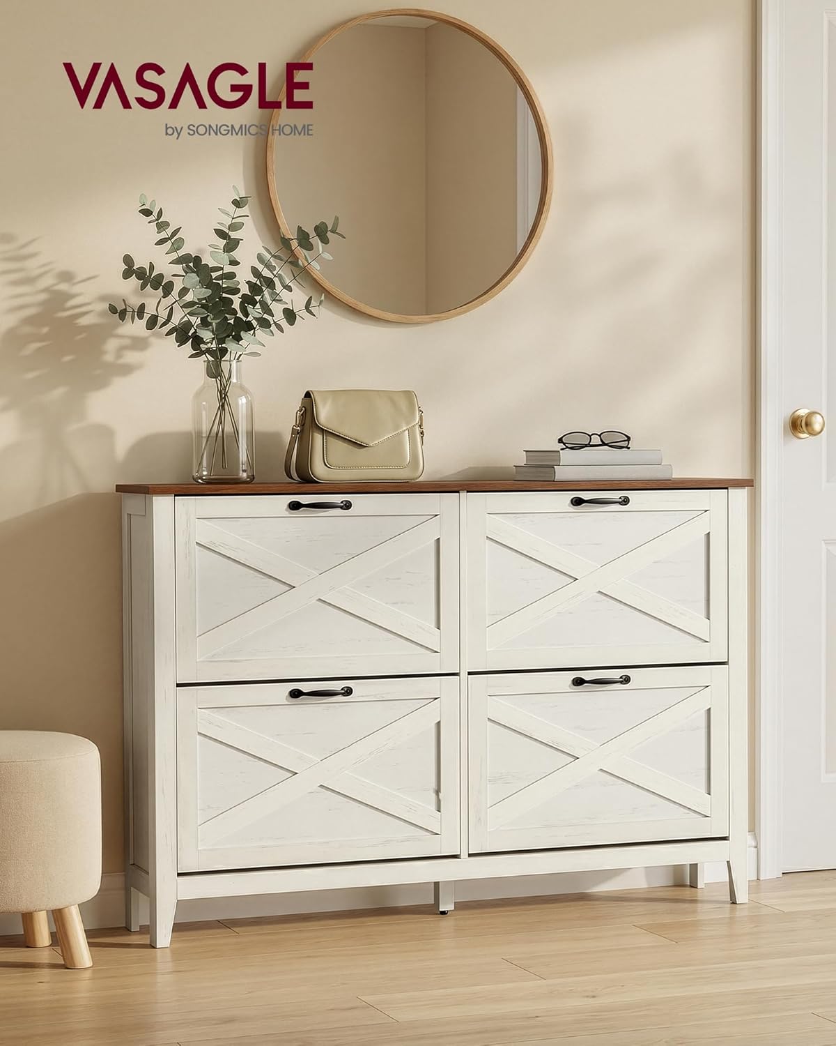 LIRY Kollektion Schuhschrank mit 4 Klappen im Landhausstil, Vintageweiss 24T x 127B x 86,8H cm