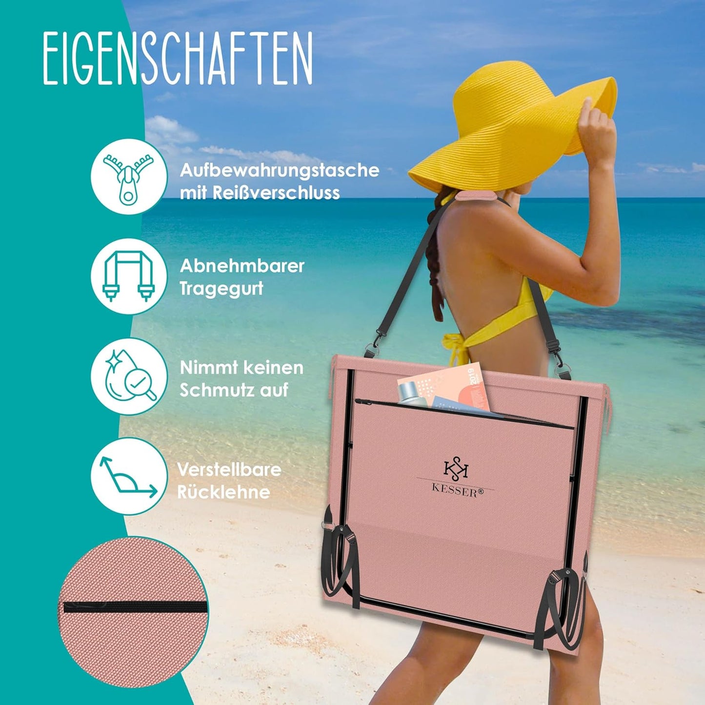 Klappbare Strandmatte mit verstellbarer Rückenlehne und Tragegurt 2er-Set, 2 Stück Rose Blush