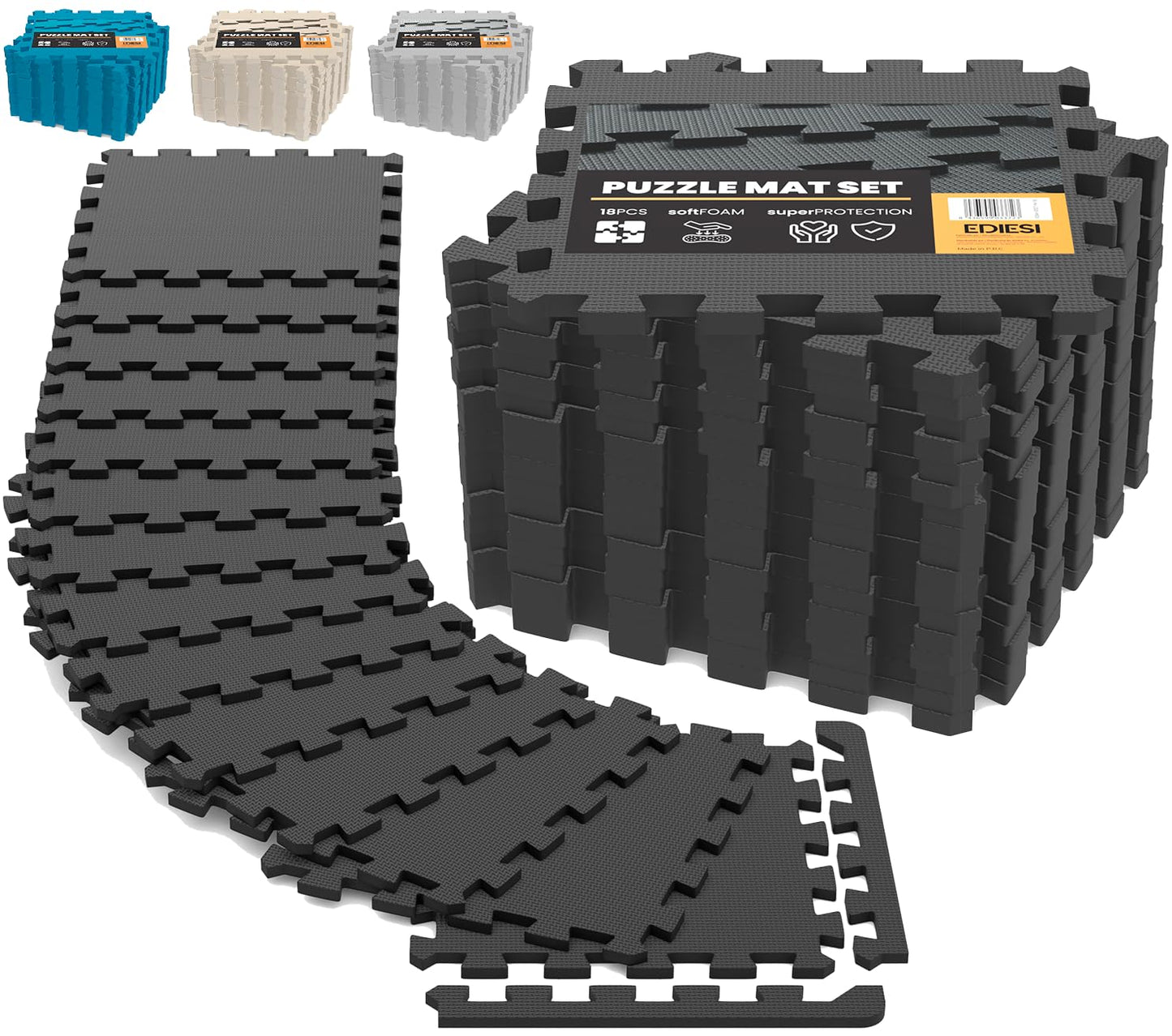 Bodenschutz-Puzzlematte für Fitness (18 Stück), 18 Stück / 30 x 30 x 1 cm / 1,7 m² / Schwarz