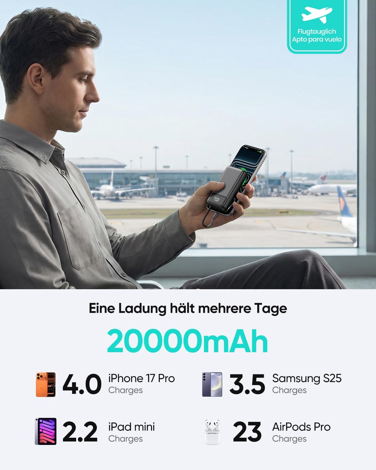 Powerbank mit 4 Kabeln & Schnellladen, Schwarz