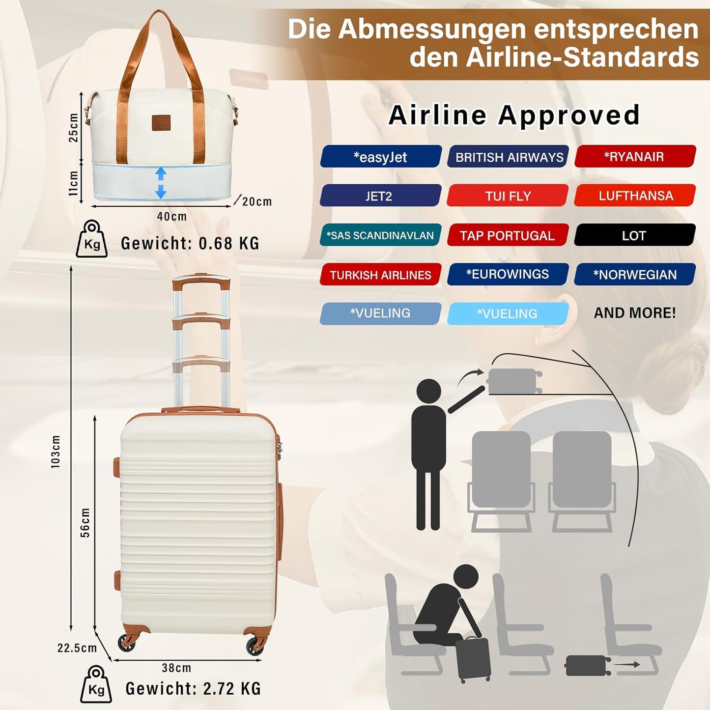 Kofferset 3-teilig mit Reisetasche & Kulturtasche, Handgepäck-Set 3tlg Blau/Braun
