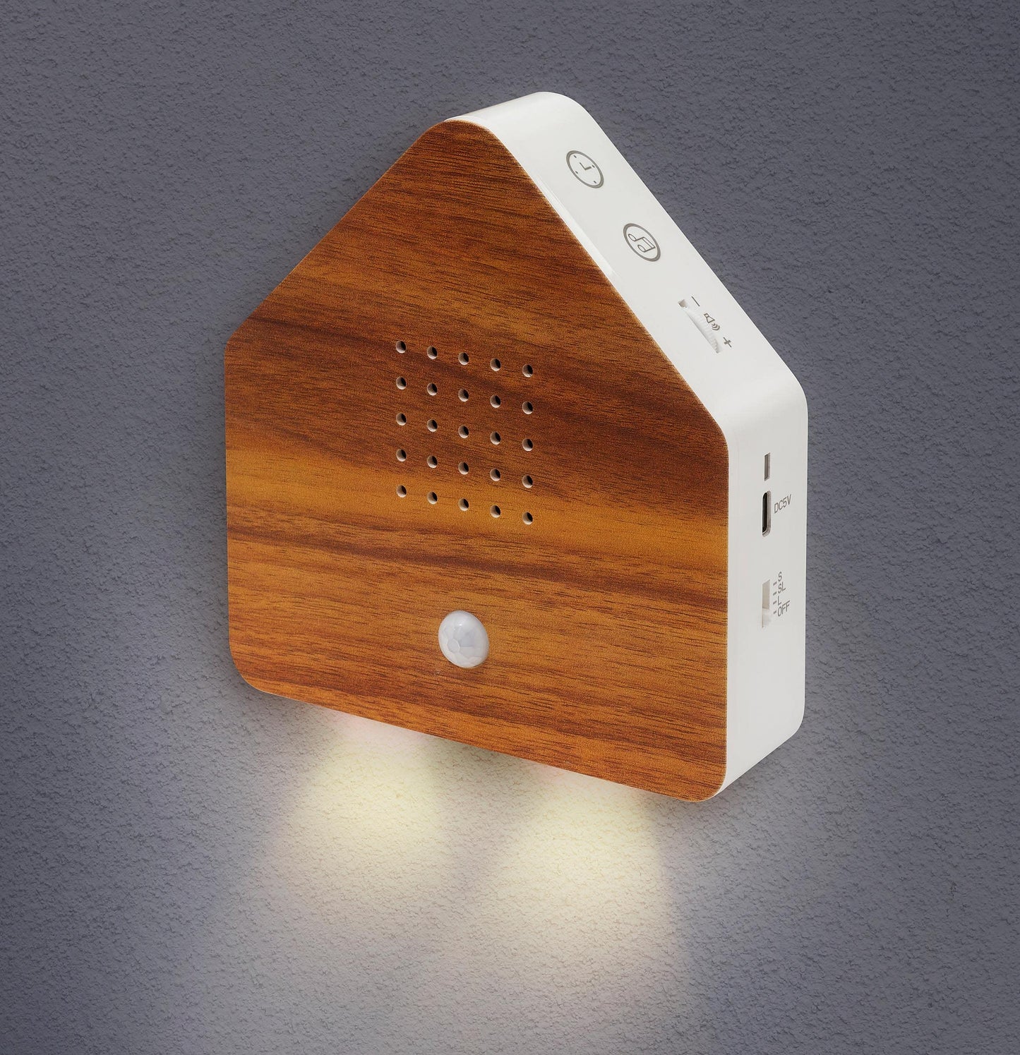 Naturgeräusche-Box mit Bewegungsmelder & Licht, Holzoptik