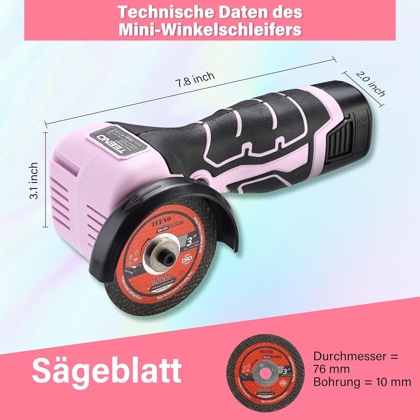 Mini-Winkelschleifer mit 2 Akkus, Rosa Winkelschleifer
