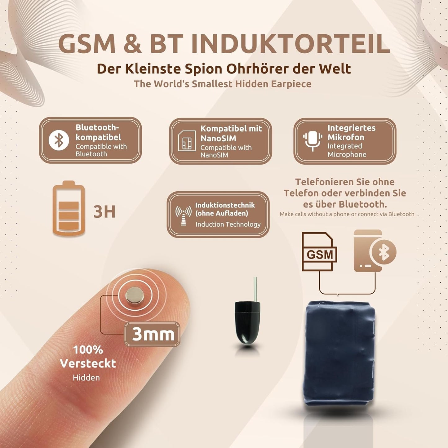 Spionage-Ohrhörer Nano Teil GSM BT + Vip Pro UltraMini, Nano Teil GSM BT + Vip Pro UltraMini