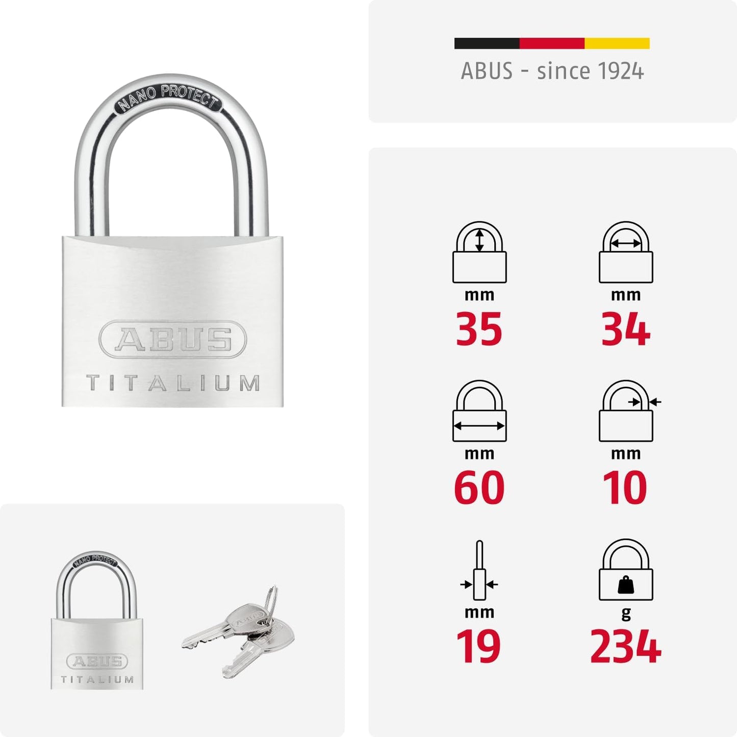 Vorhängeschloss Titalium 64TI/60, verschiedenschliessend / 1 Stück / 60mm