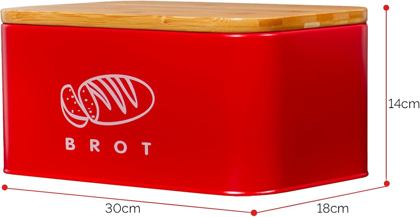 Retro Brotkasten mit Bambusdeckel und Schneidebrett-Funktion, Rot-30cm