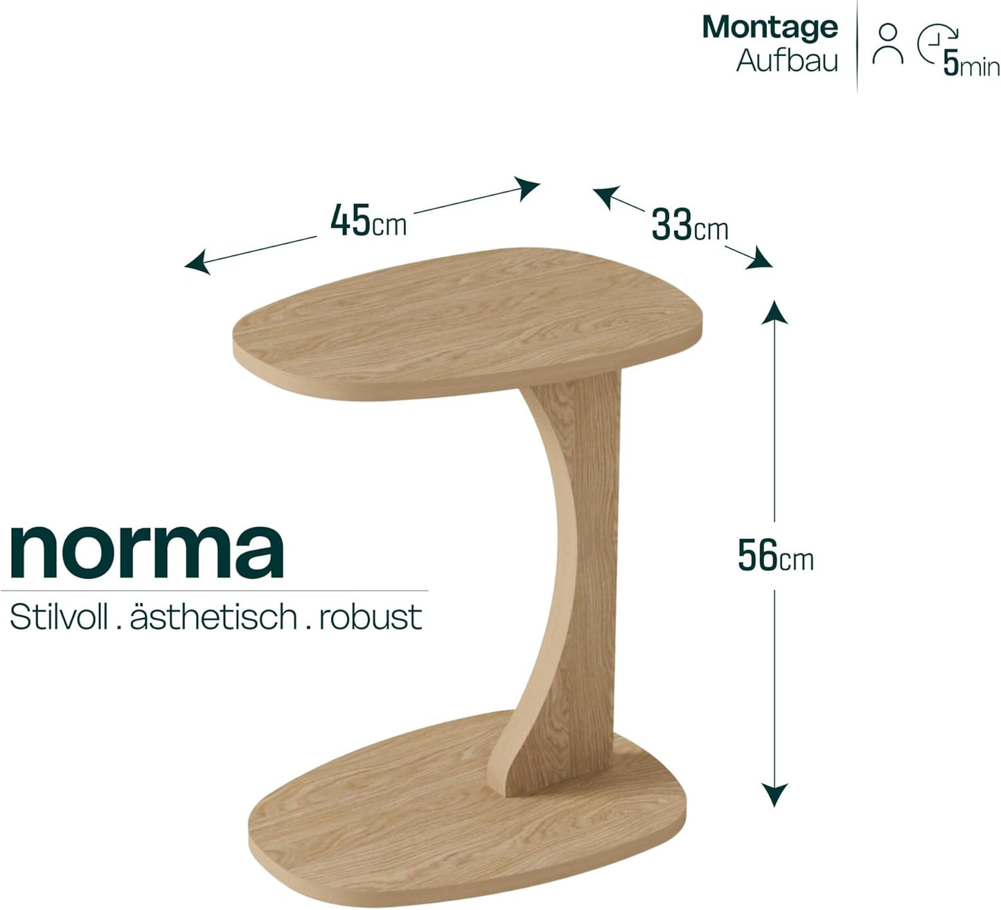 Beistelltisch Norma in C-Form mit Rollen, Natur Eiche-optik