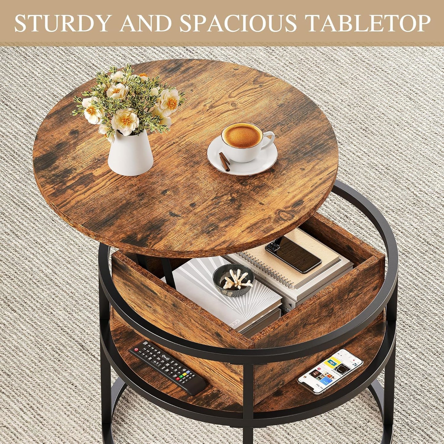 Runder Couchtisch mit Hebeplatte und Stauraum, 60X60X47CM Rustikales Braun