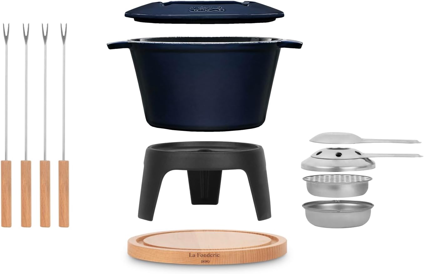 Fondue-Set aus Gusseisen für Käse & Schokolade, Blau 4 Personen