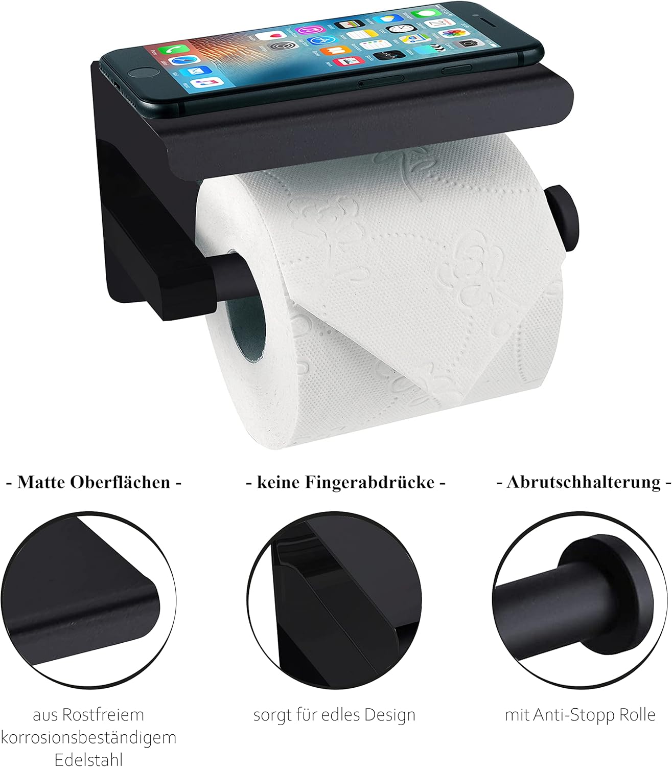 Toilettenpapierhalter mit Ablage, Schwarz