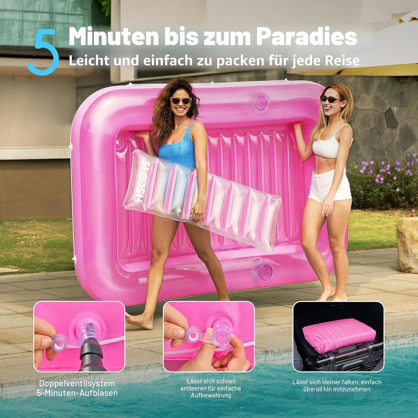 Aufblasbarer Sonnenpool mit abnehmbarem Kissen und Getränkehalter, Rosa XL