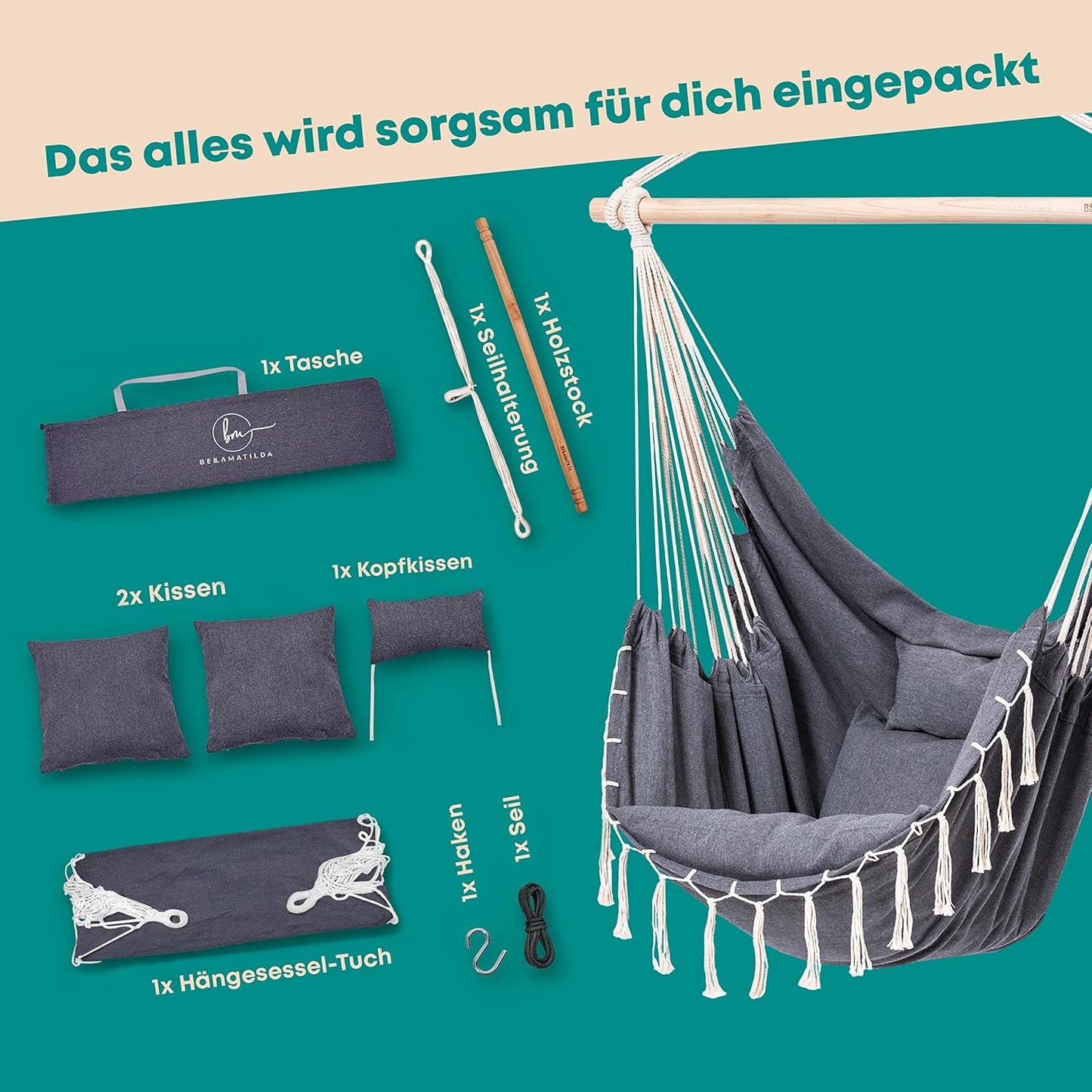 XXL Hängesessel mit Kissen, Grau-beige