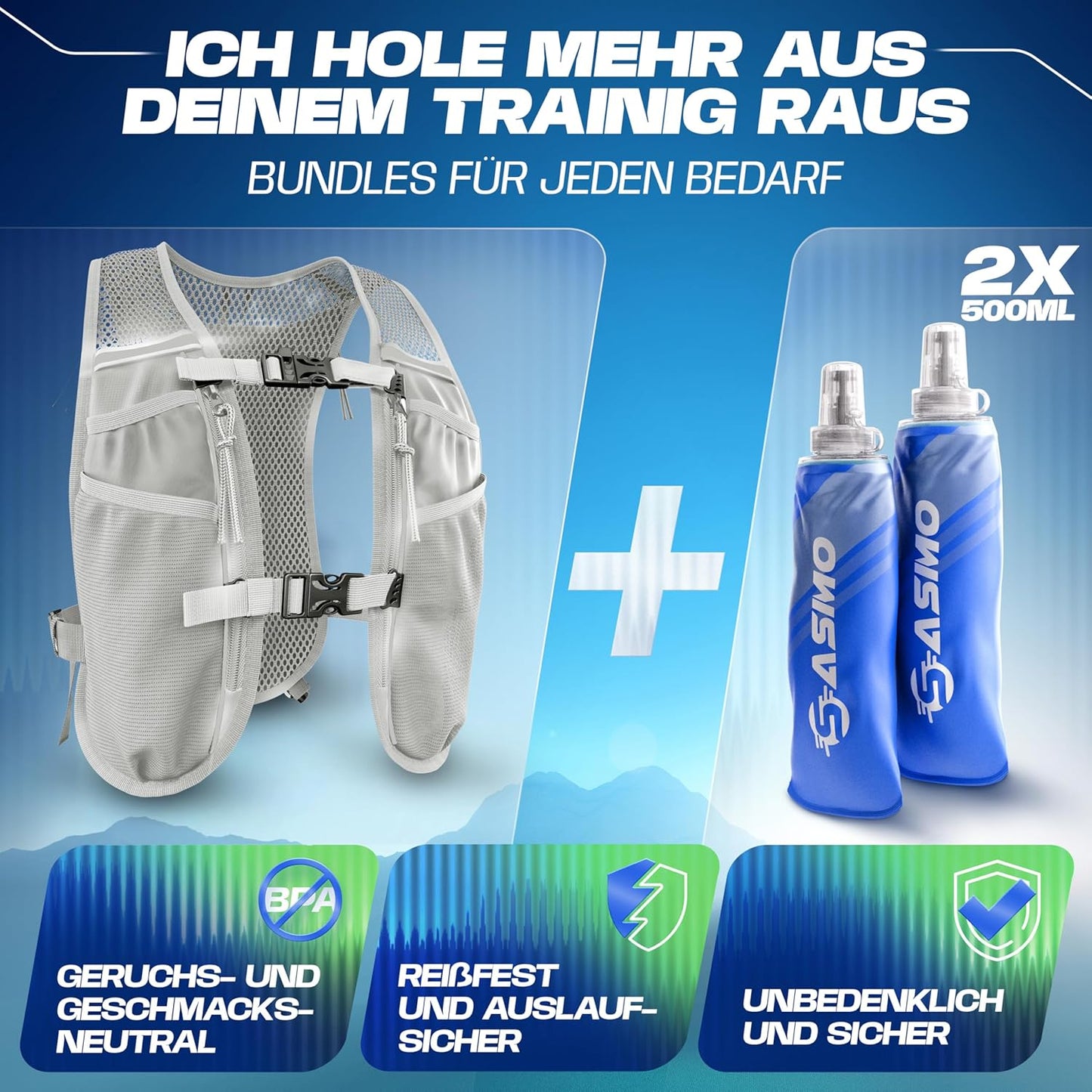 Laufweste mit 8 Taschen, 5L - weissgrau - mit 2x500ml 5L