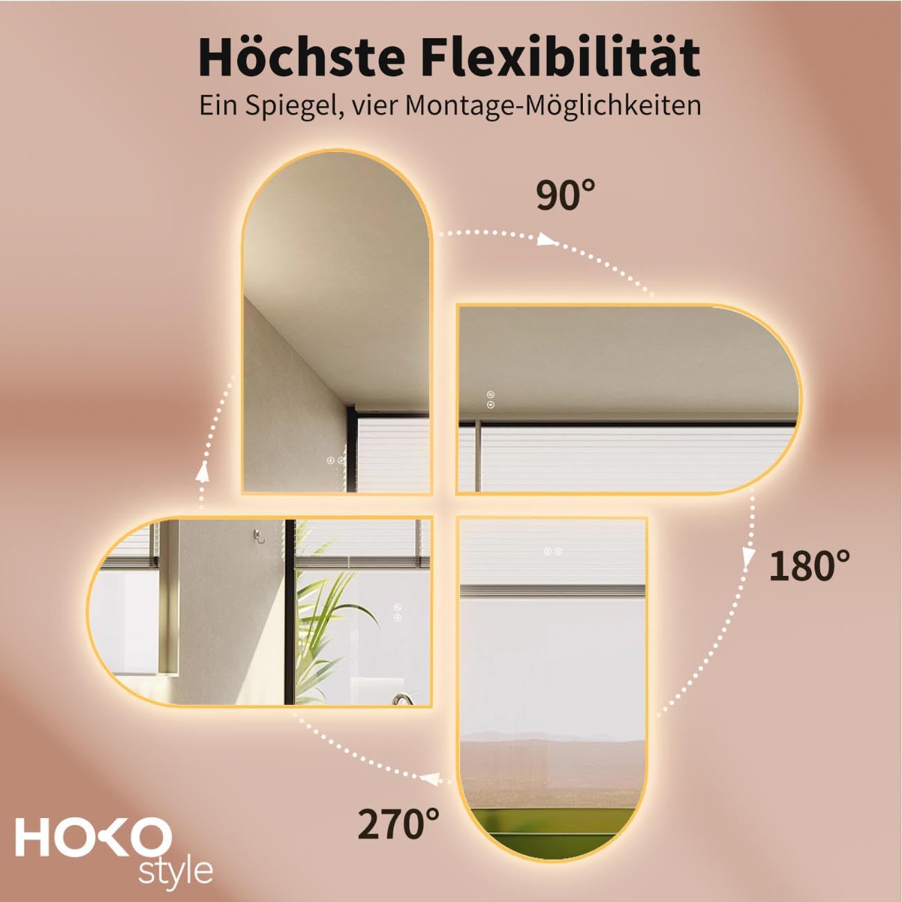 LED Badspiegel mit Antibeschlag und Touch-Schalter, Gold-arch Antibeschlag|50L x 90B cm