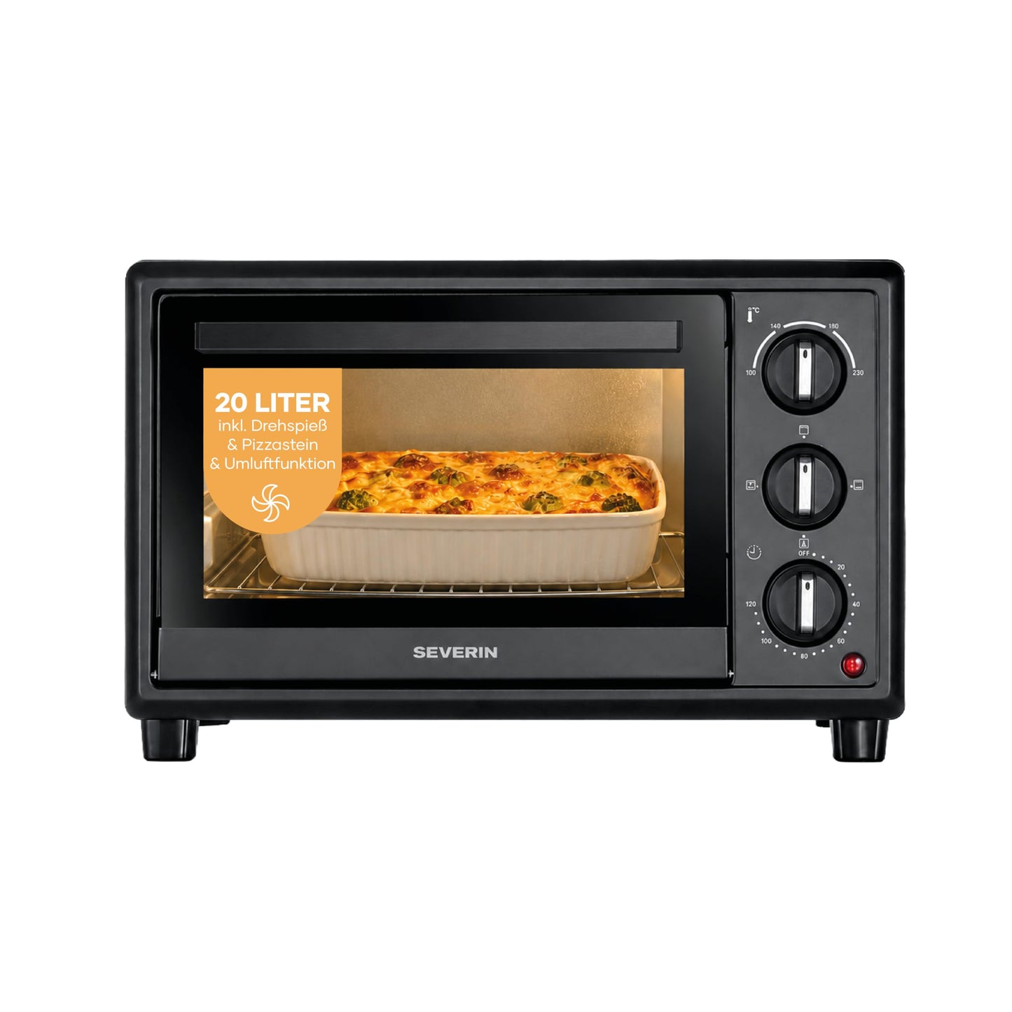 Back- und Toastofen mit Umluftfunktion, 20L, inkl. Pizzastein, NEU 2026: 20L, inkl. Drehspiess & Pizzastein