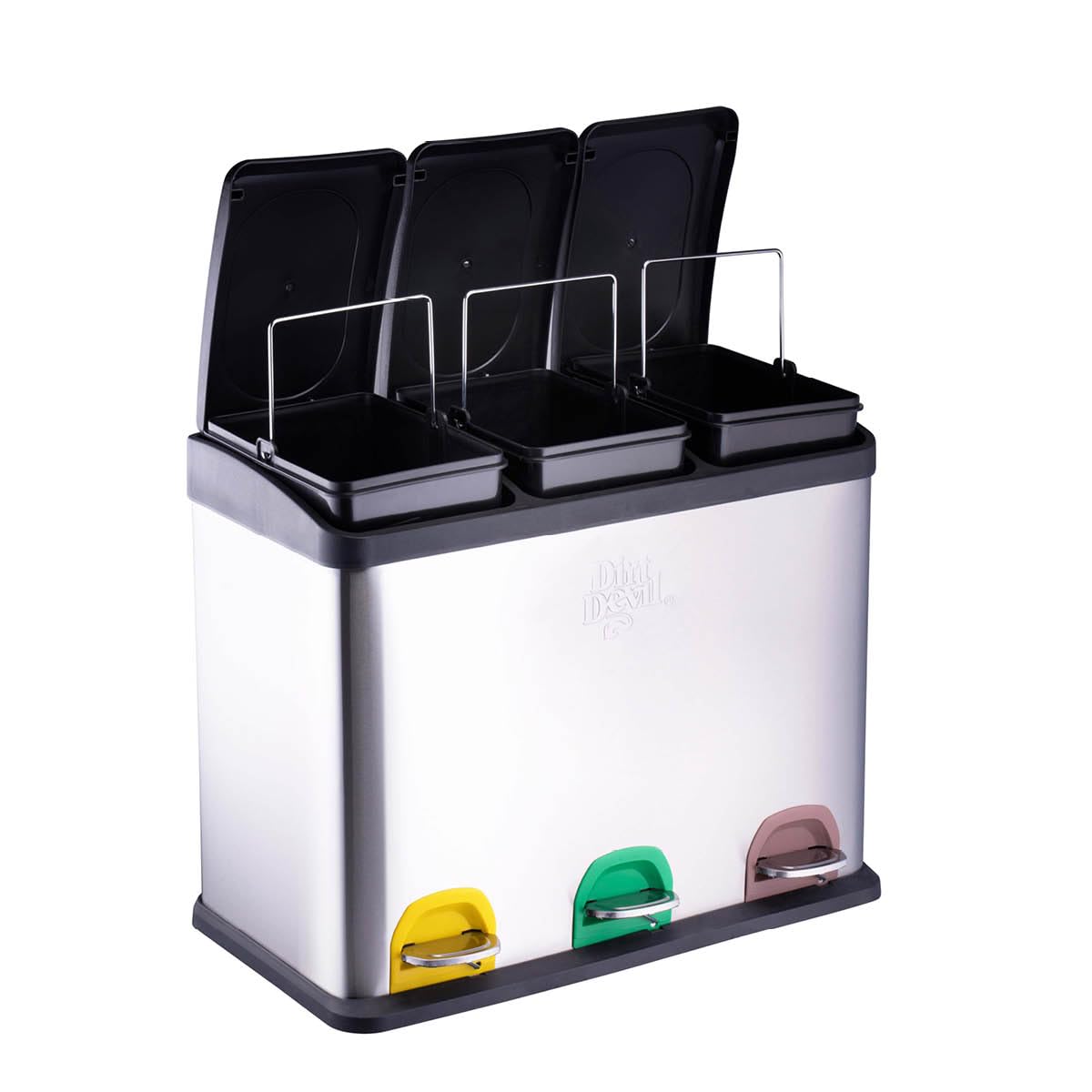 3 Fächer Tretmülleimer, 3 x 15L silber