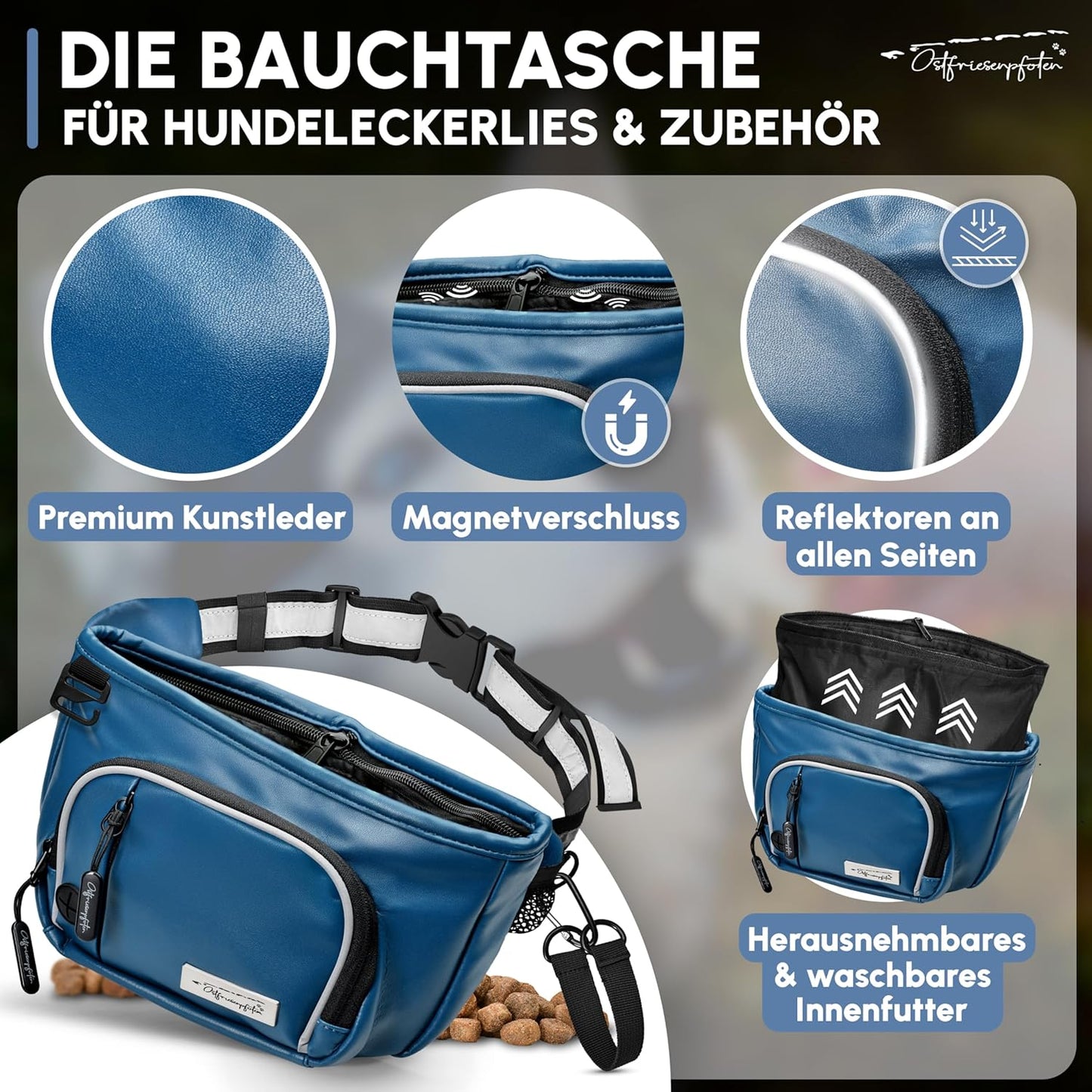 Leckerli-Bauchtasche Talea mit Magnetverschluss und wechselbarem Innenfutter, M Dunkelblau