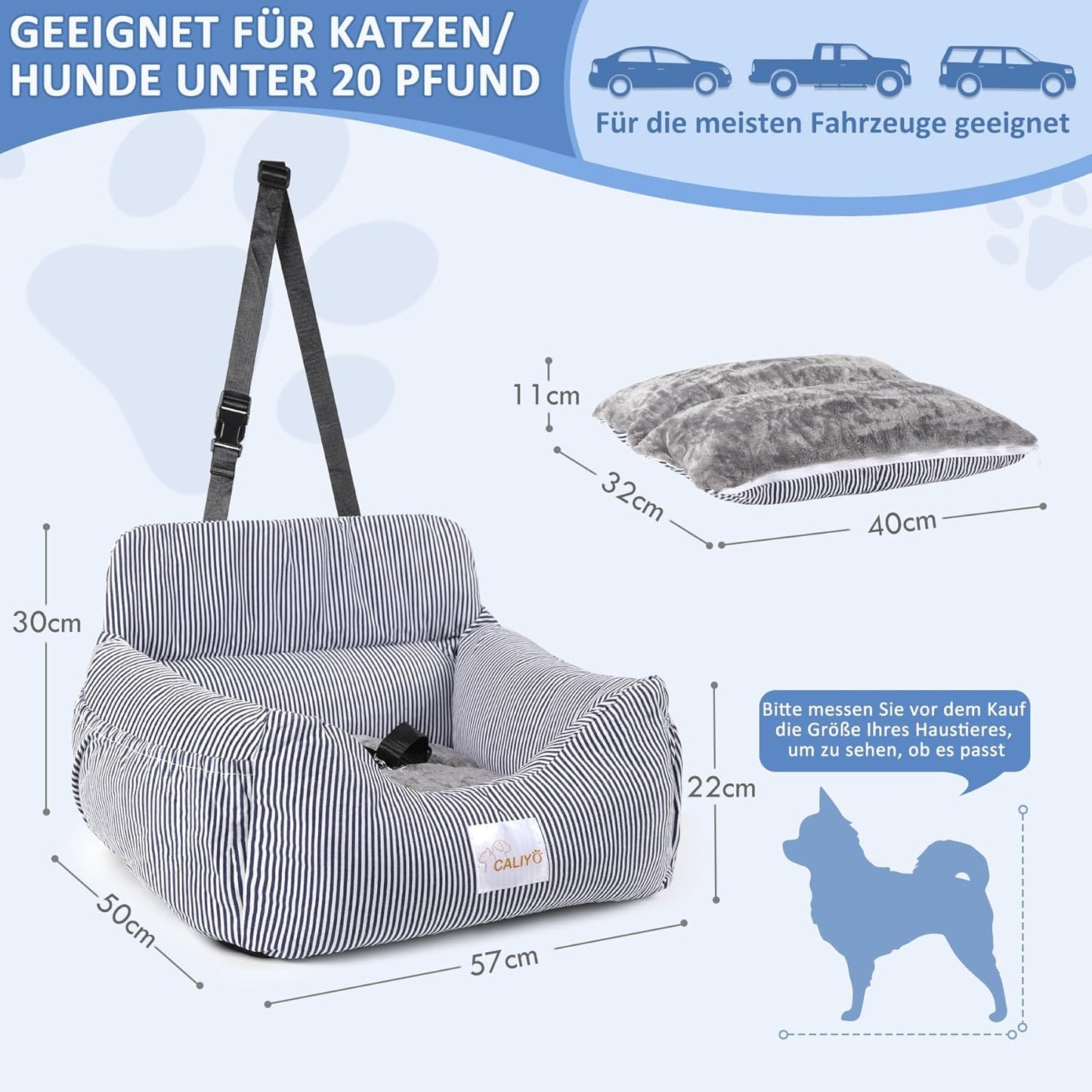 Hundeautositz mit Sicherheitsgurt bis 10 kg, wasserdicht, Blau-Weiss