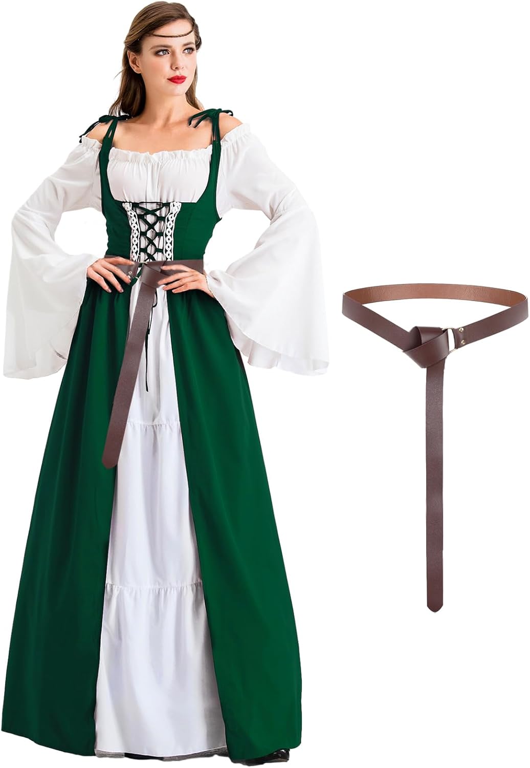 Renaissance Damenkleid mit Kapuze und Langarm, Grün XL