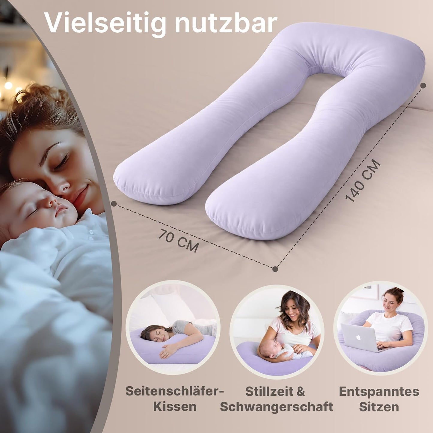 Seitenschläferkissen mit Bezug, Lila