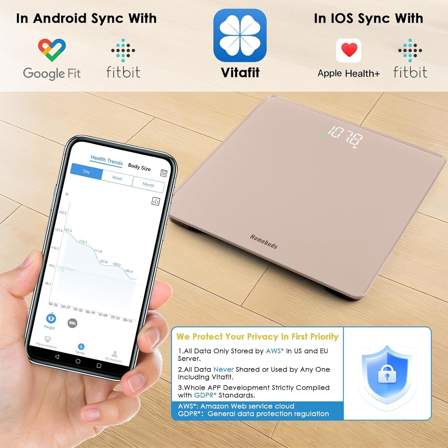Smart Personenwaage mit App-Synchronisierung, Roségold