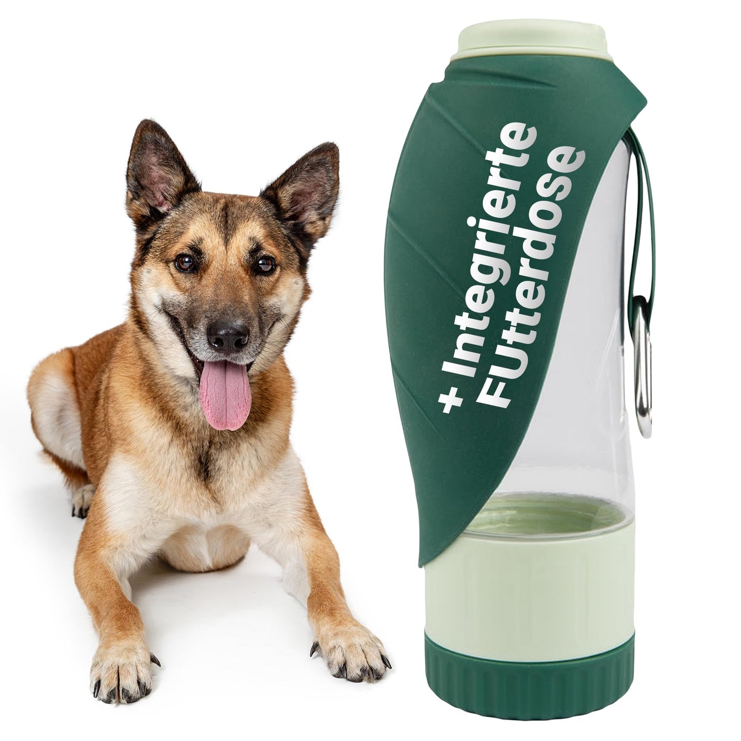 2-in-1 Hundetrinkflasche mit Futterbehälter für unterwegs, Grün 600 ml