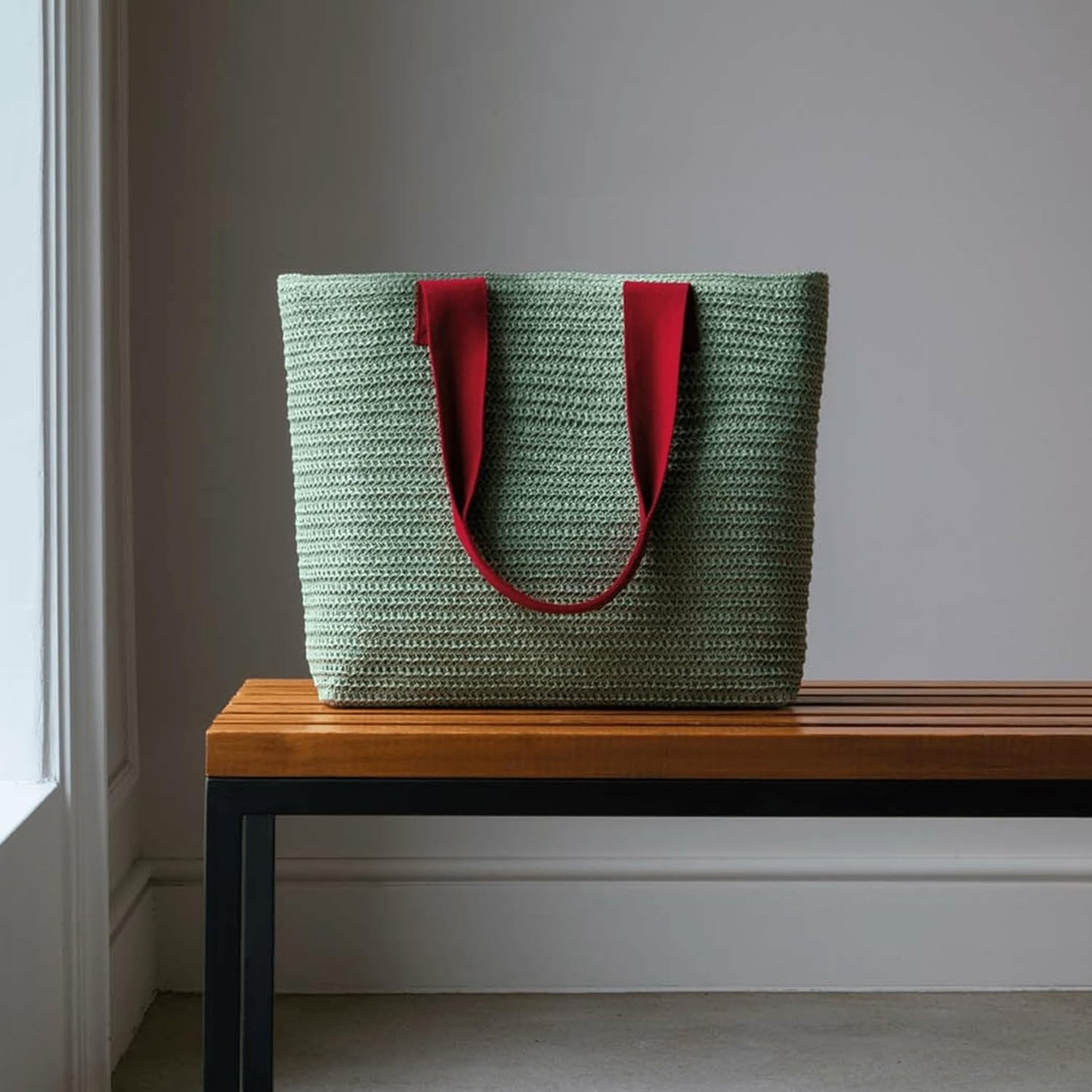 Korbtasche mit Druckknopf, Lime Green + Red Handle