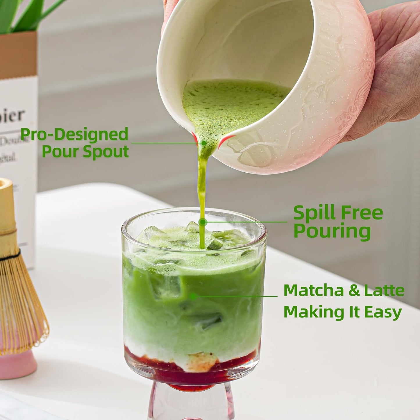 7-teiliges Matcha-Tee-Zubereitungsset, 7Stück/Set, Schüssel mit Ausgießer Farbverlauf Rosa