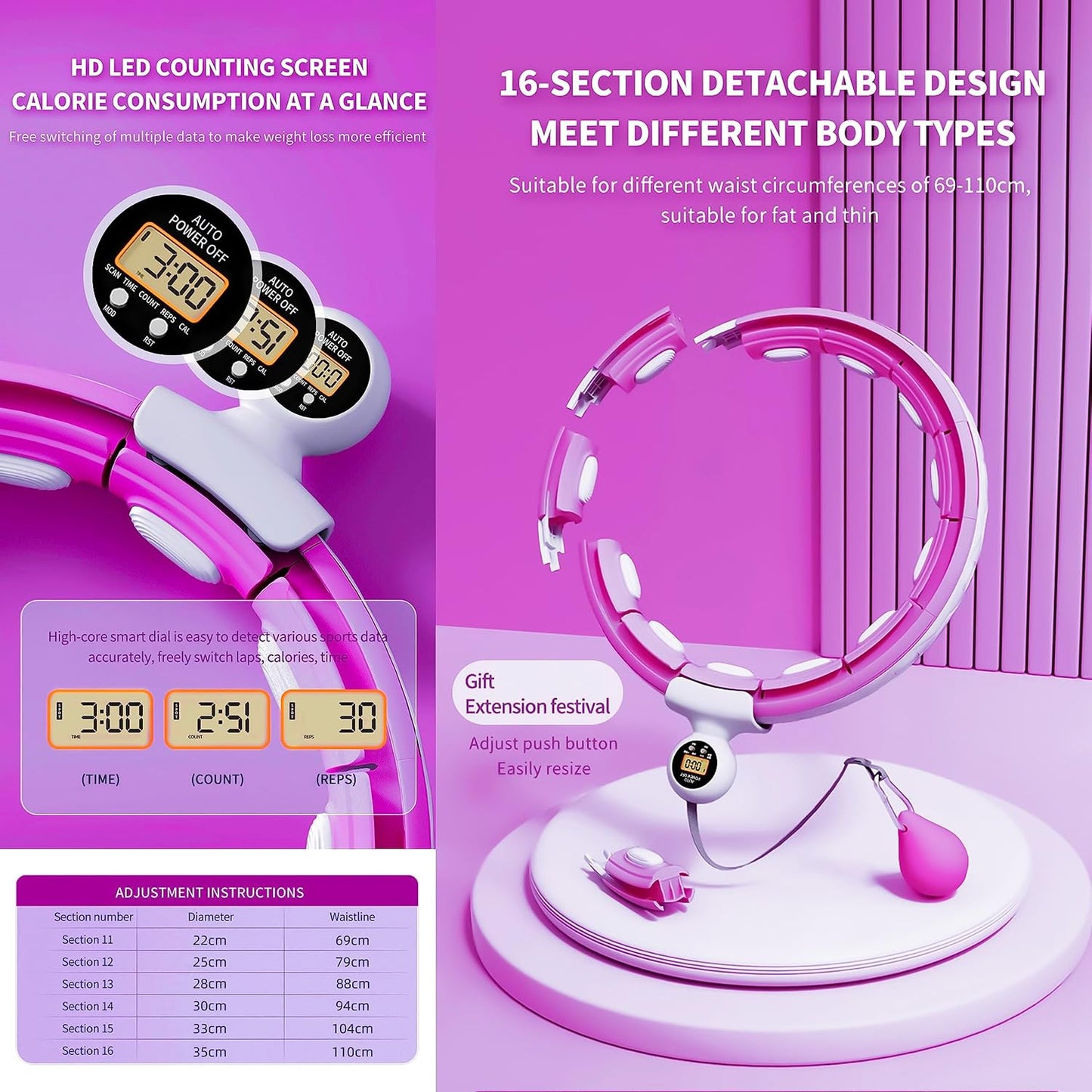 Smart Fitness Hula Hoop mit Massagefunktion, Einstellbar Violett