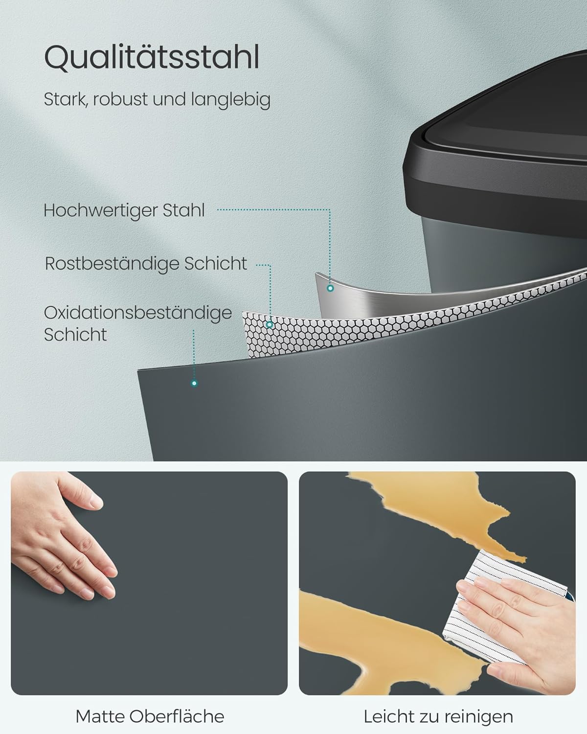 Tretmülleimer mit Deckel, Anthrazitgrau + Schwarz 50 L