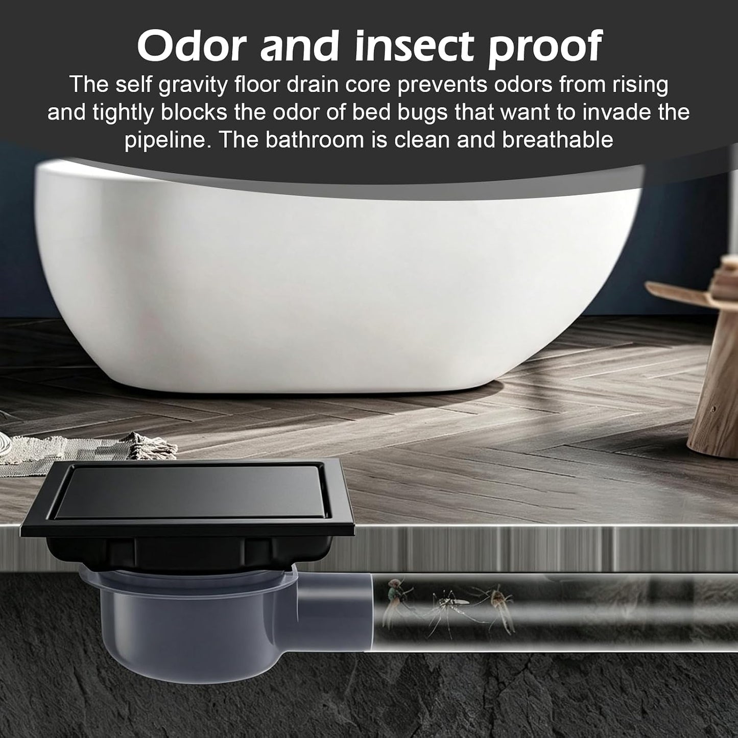 Duschrinne mit Siphon und Haarfilter, Schwarz Schwarz