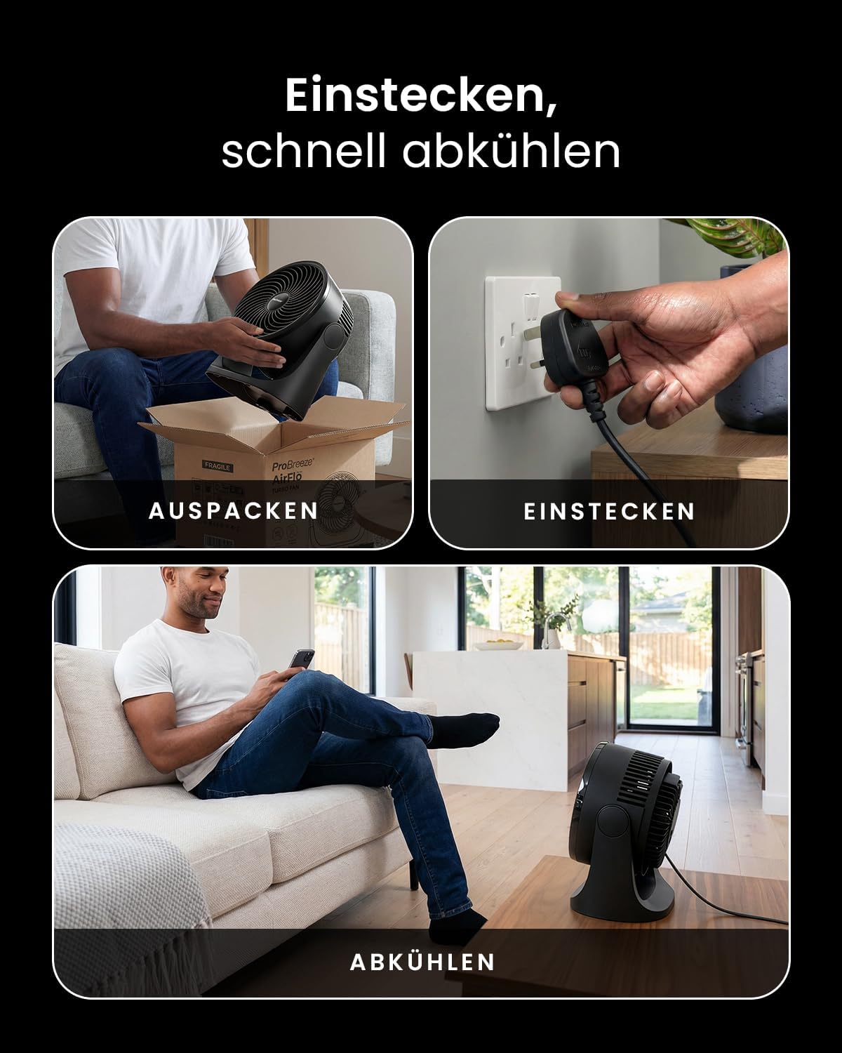 Mini Tischventilator mit 3 Stufen, Schwarz