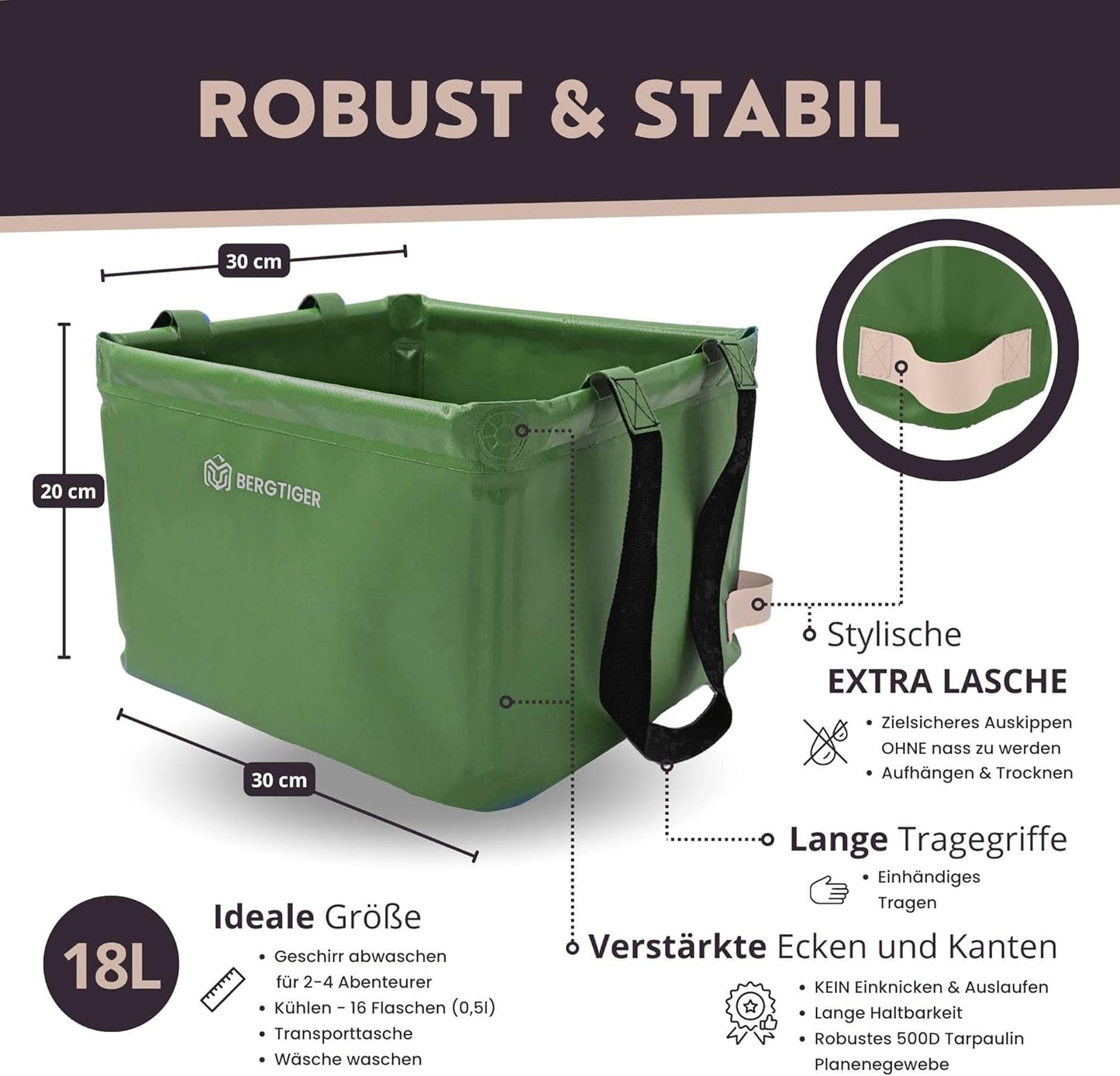 Faltbare Camping-Spülschüssel, Olivegrün / Khaki - 18 Liter