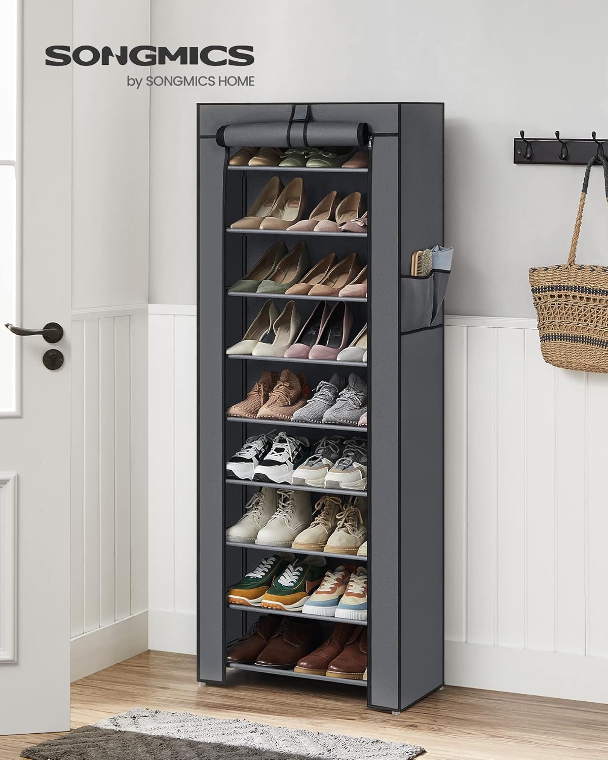 Schuhregal mit 10 Ebenen und staubdichter Abdeckung, 10 Ebenen (58B cm) Grau