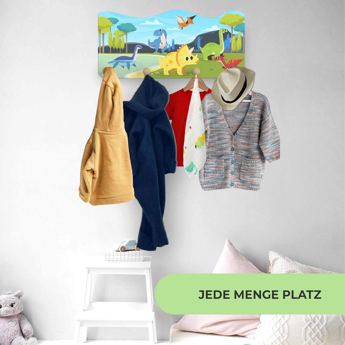Dino-Motiv Kindergarderobe mit 4 Haken, Dino