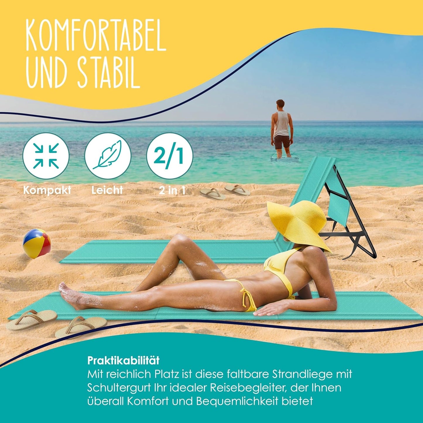 Klappbare Strandmatte mit verstellbarer Rückenlehne und Tragegurt, 1 Stück Aqua Blue