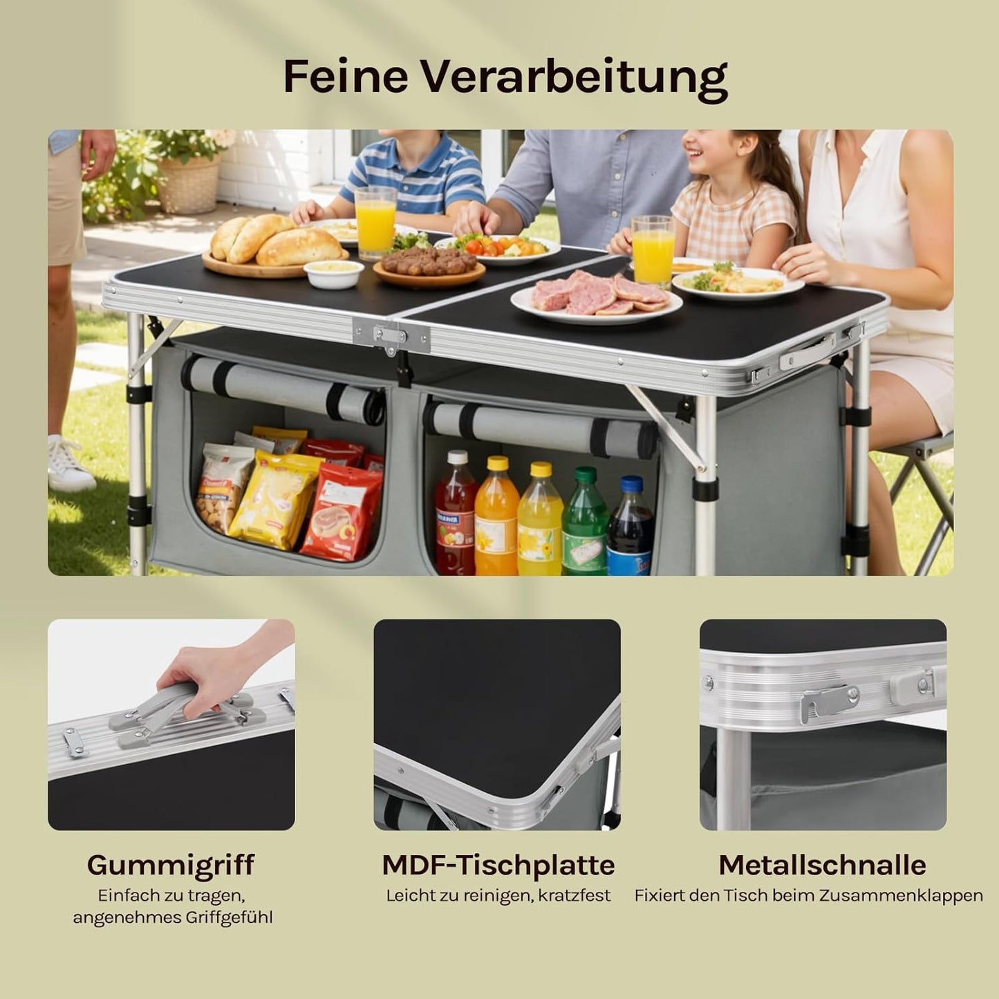 Faltbarer Campingtisch mit Stauraum, Schwarz+grau