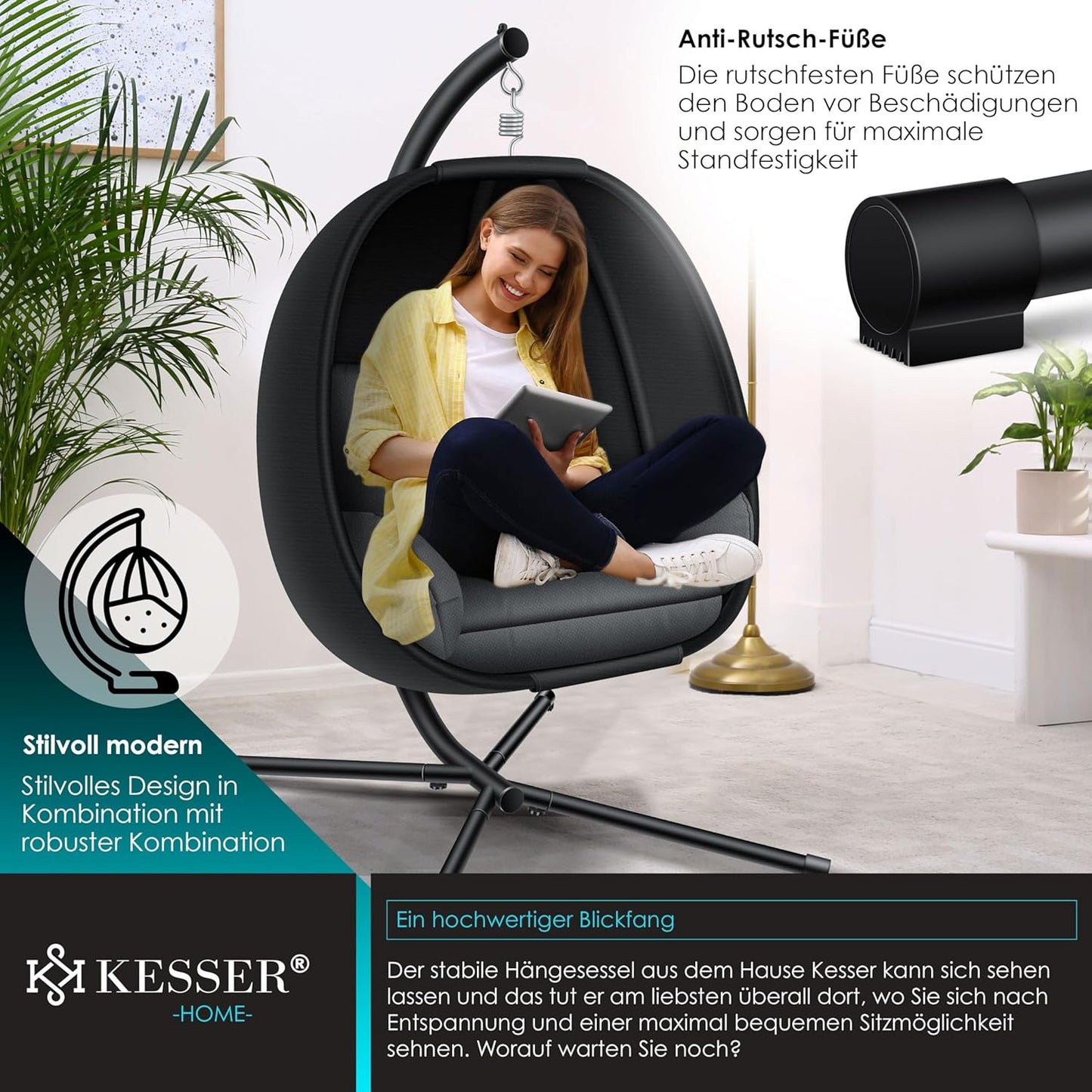 Luxe Hängesessel mit Gestell und Kissen, Anthrazit