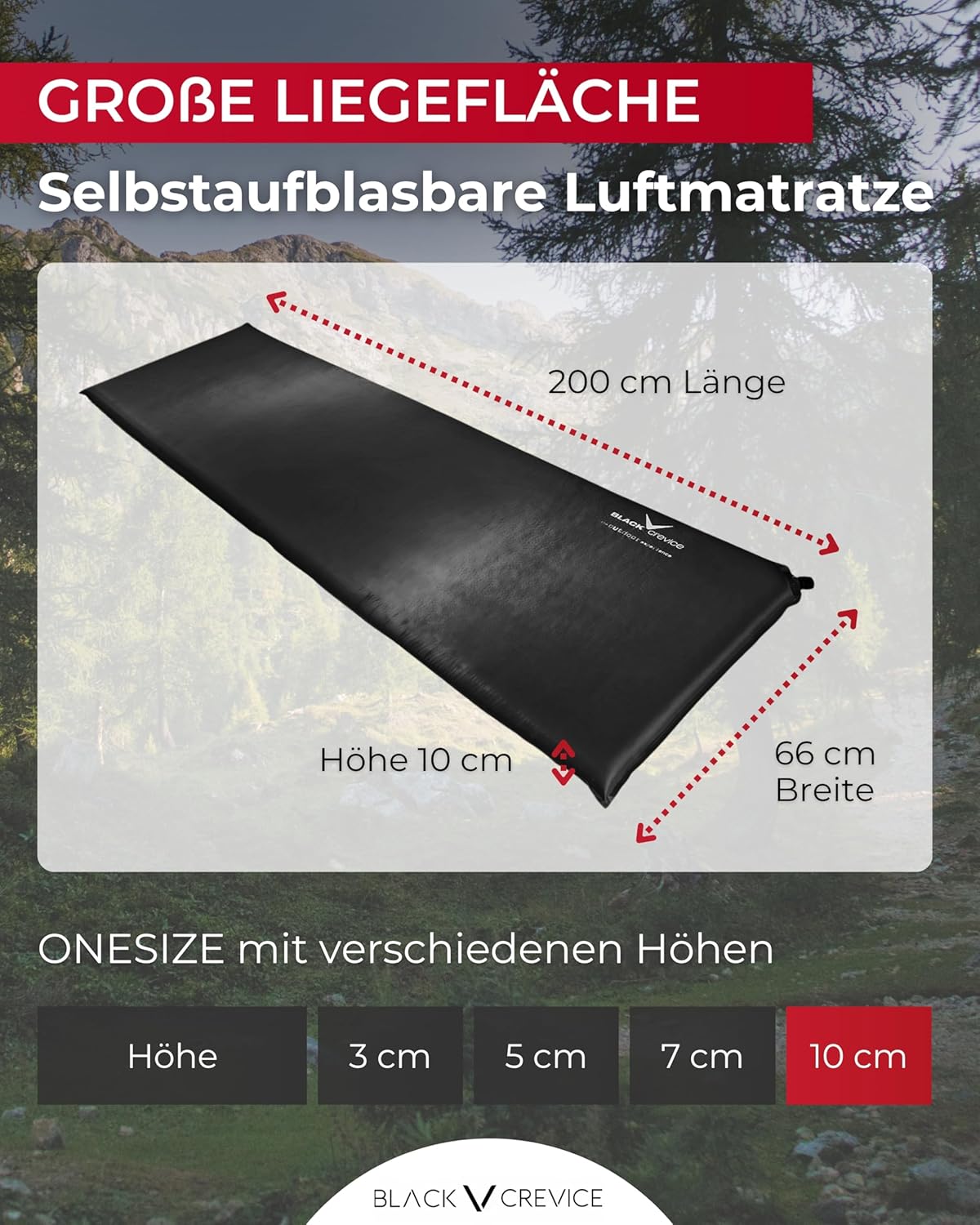 Selbstaufblasbare Isomatte, 10 cm Schwarz