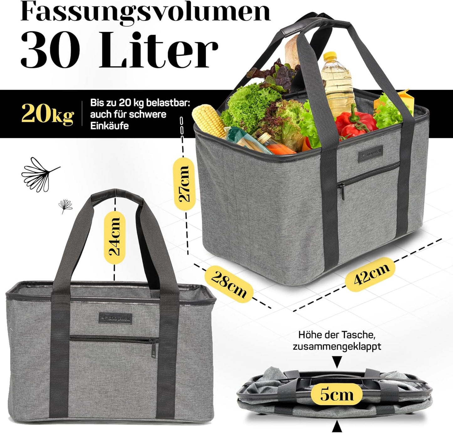 Faltbarer Einkaufskorb mit PU-Ledergriff (30L), Grau/Schwarz