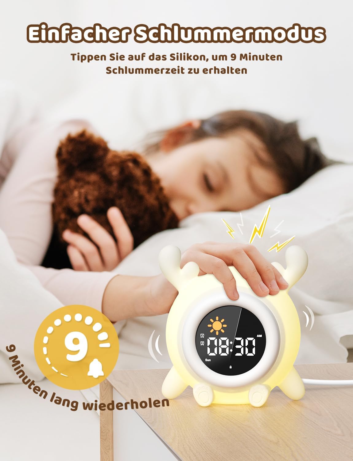 Kinderwecker mit Alarmlernfunktion und Nachtlicht, Rentiere