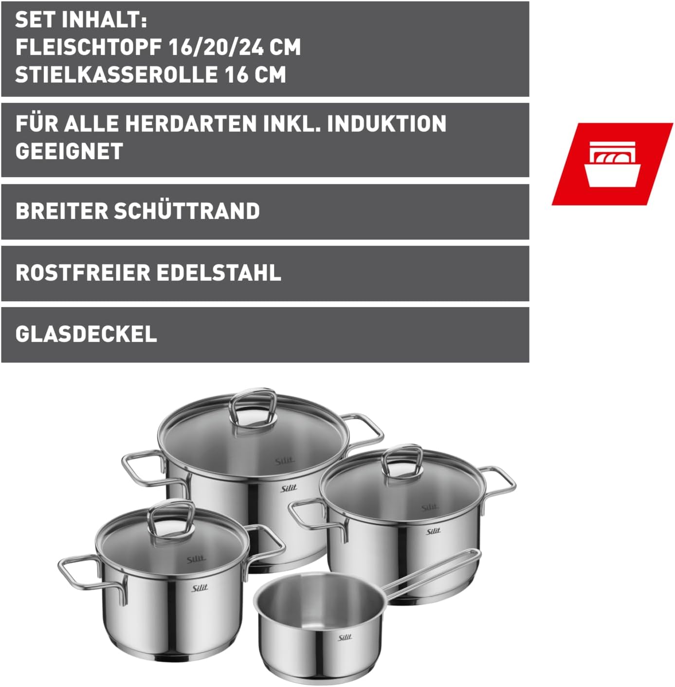 Induktions-Topfset Alicante (4-teilig) mit Glasdeckel, Silit Alicante – Topfset – Stielkasserolle ; 4-teilig