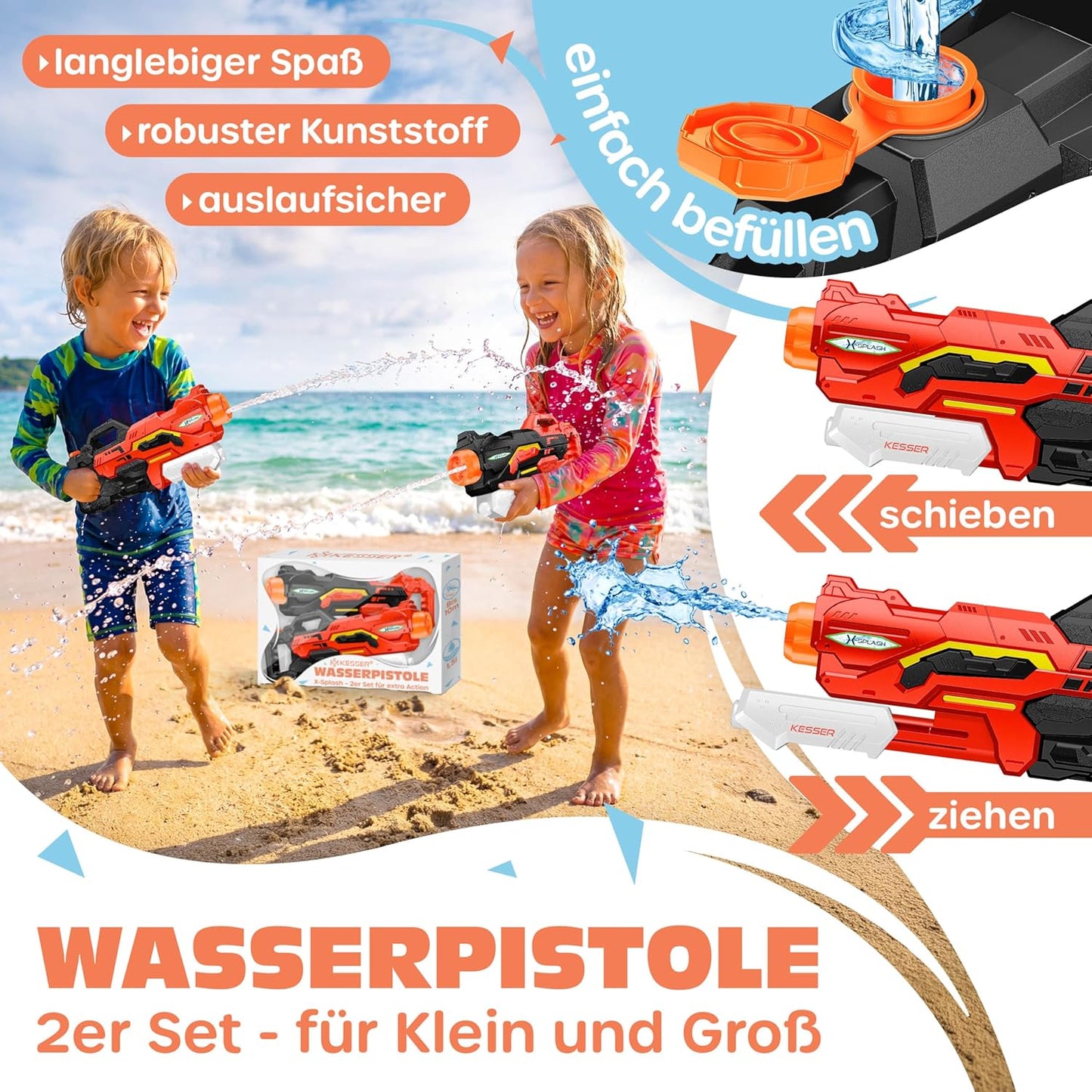 Wasserpistolen, 2 Stück, Schwarz / Rot
