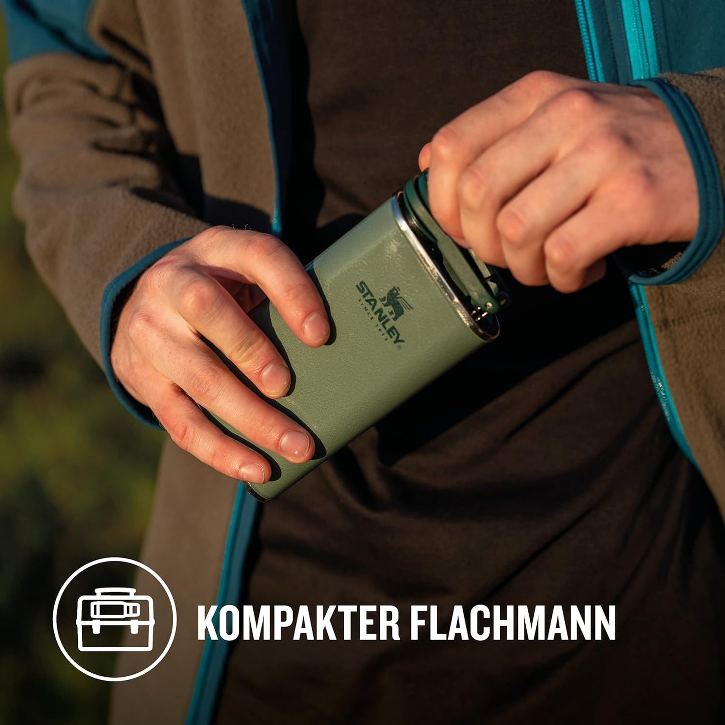 Klassischer Flachmann mit weiter Öffnung, Hammertone Green