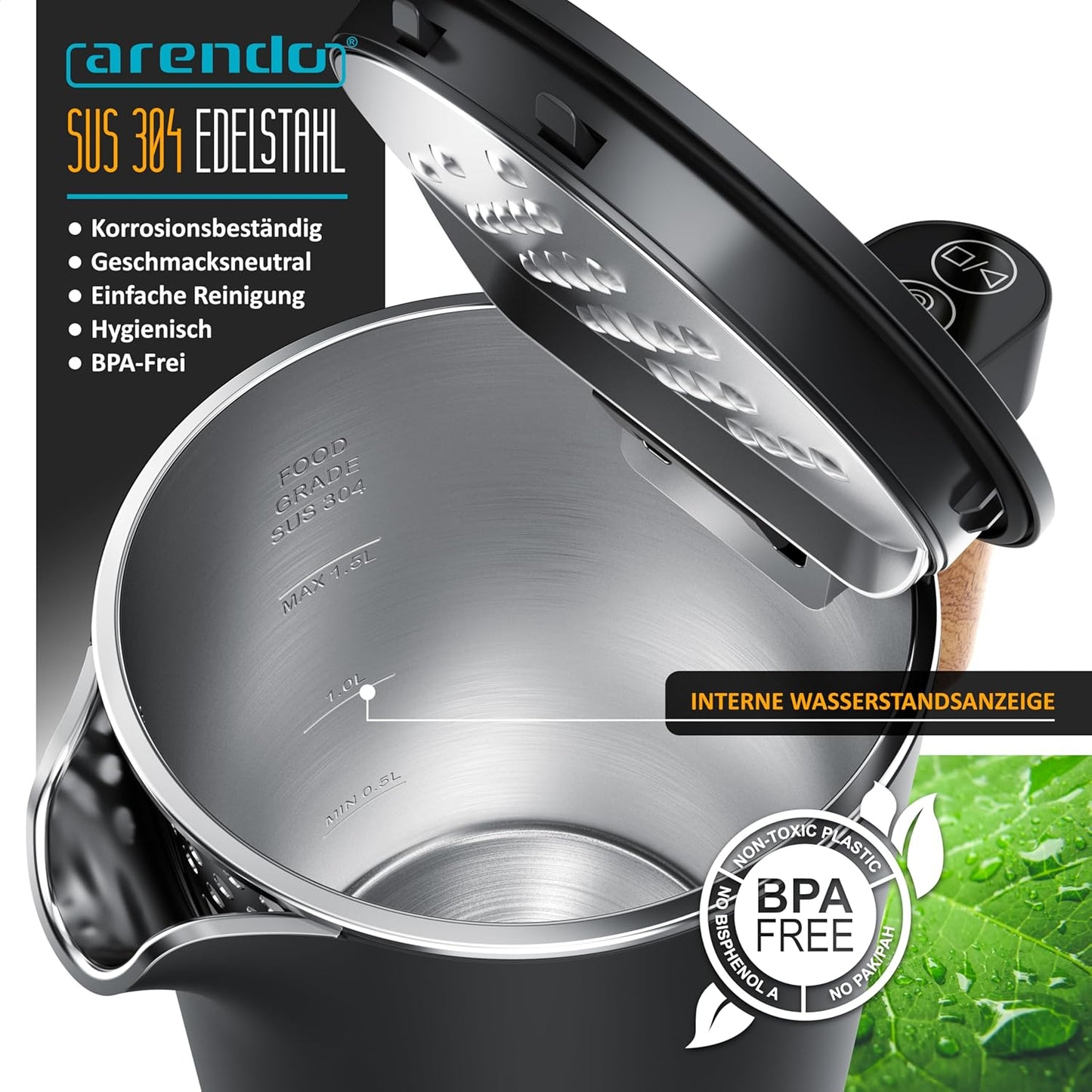 Wasserkocher mit Temperatureinstellung, A: Heller Griff