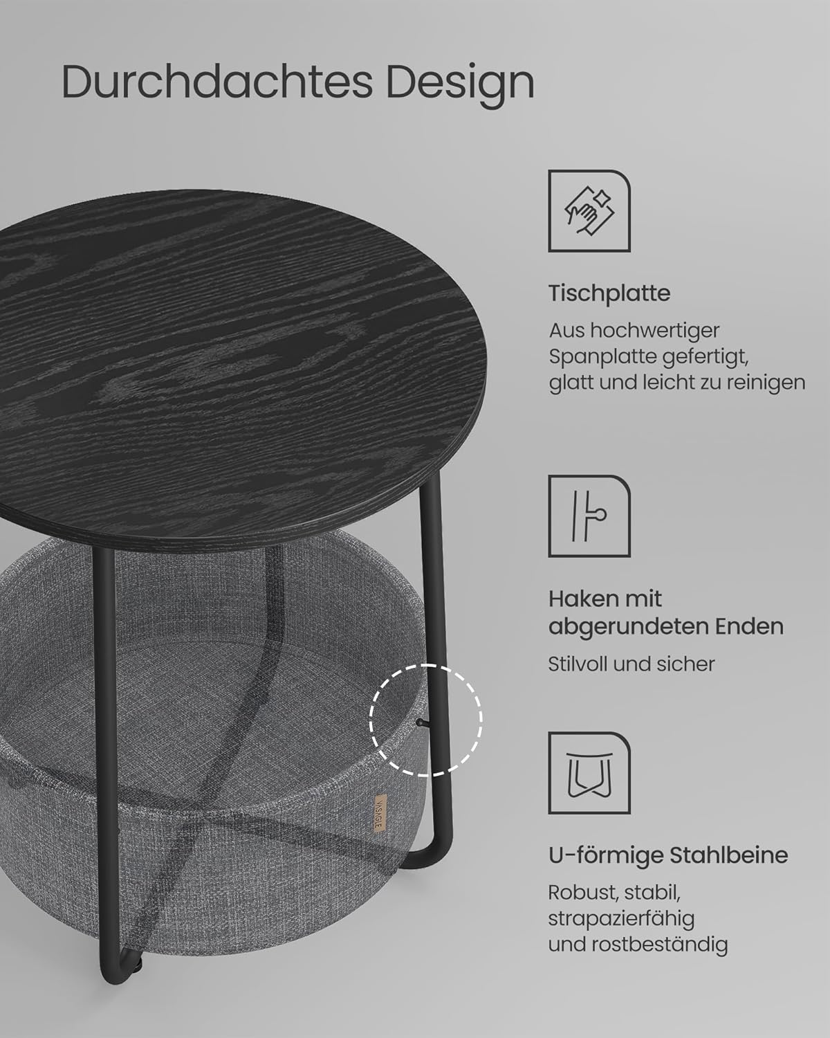 Runder Beistelltisch Smarty mit Stauraumkorb, Ebenholzschwarz + Schiefergrau