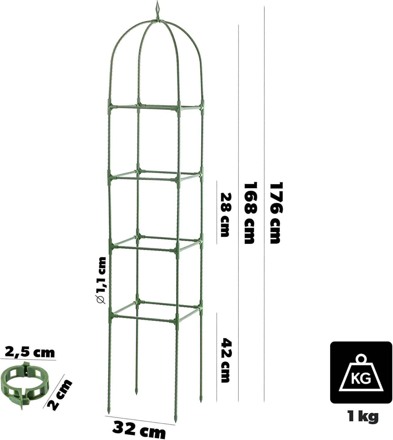 2 x Obelisk-Rankhilfen mit Pflanzenclips, Grün 2 Stück