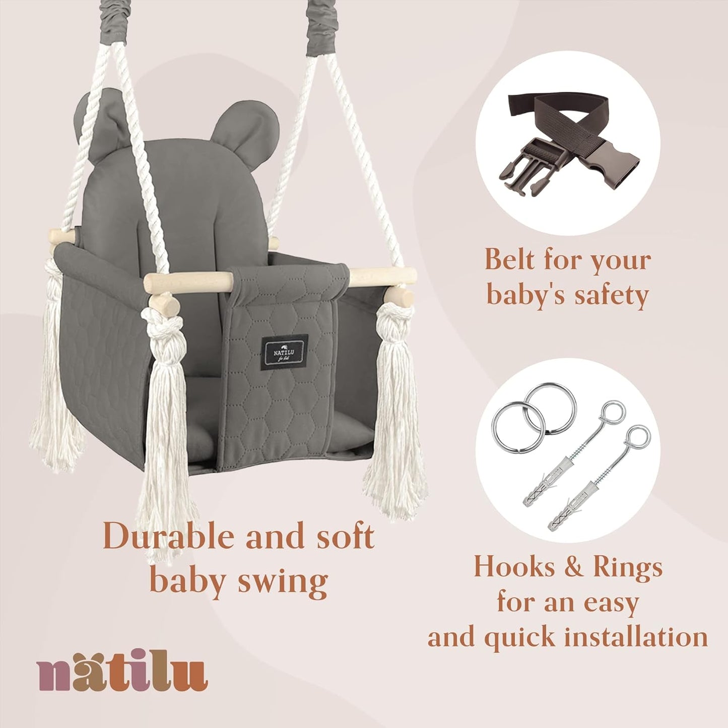 Babyschaukel mit Sicherheitsgurt, Bear Quilted Graphite